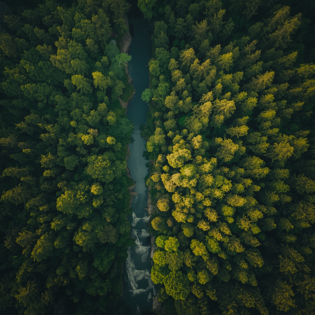 Aerial view of a lush green forest with a winding river, nature photography, dramatic lighting, high quality, no people